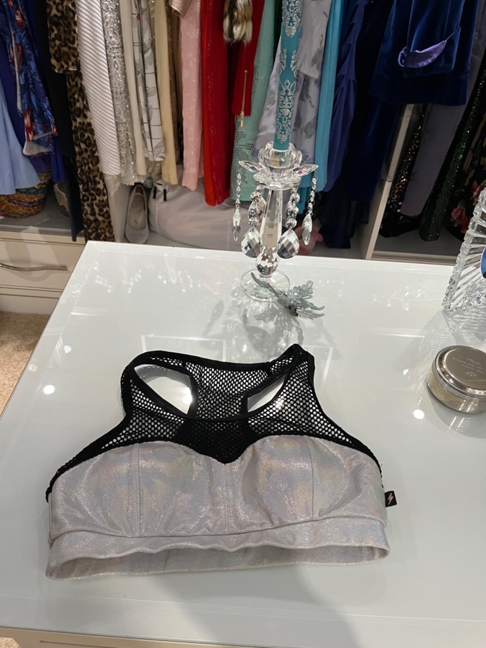 Cleo the Hurricane pole Silver Sports Bralette with Black Mesh Racerback Medium